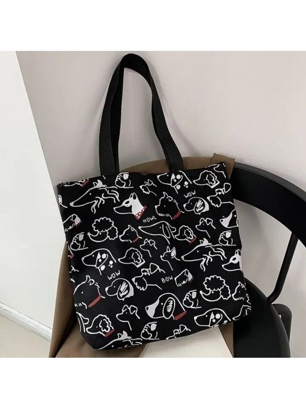 Adorable Dog Print Canvas Zipper Tote
